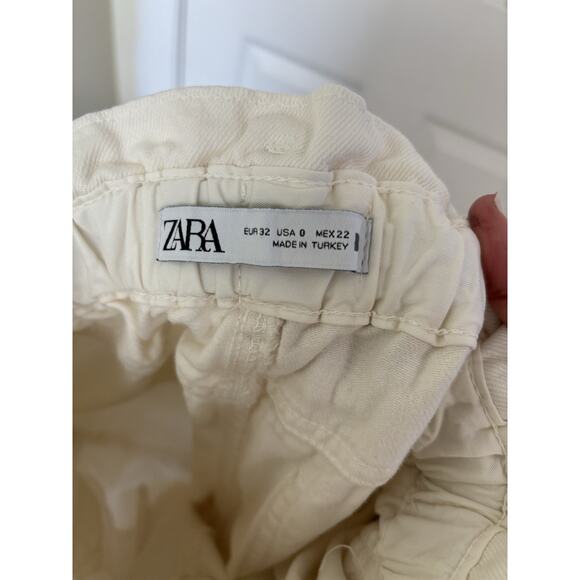 Zara Paper Bag High Rise Cream Lightweight Jeans Size 0 Minimal Barrell Boho - Picture 6 of 7